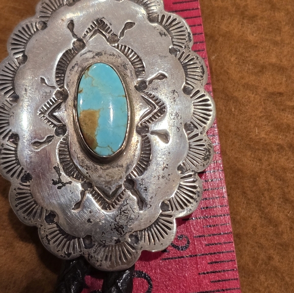 Navajo Sterling Silver Handmade Turquoise Concho Style Bolo Tie "RTL" - Picture 15 of 16